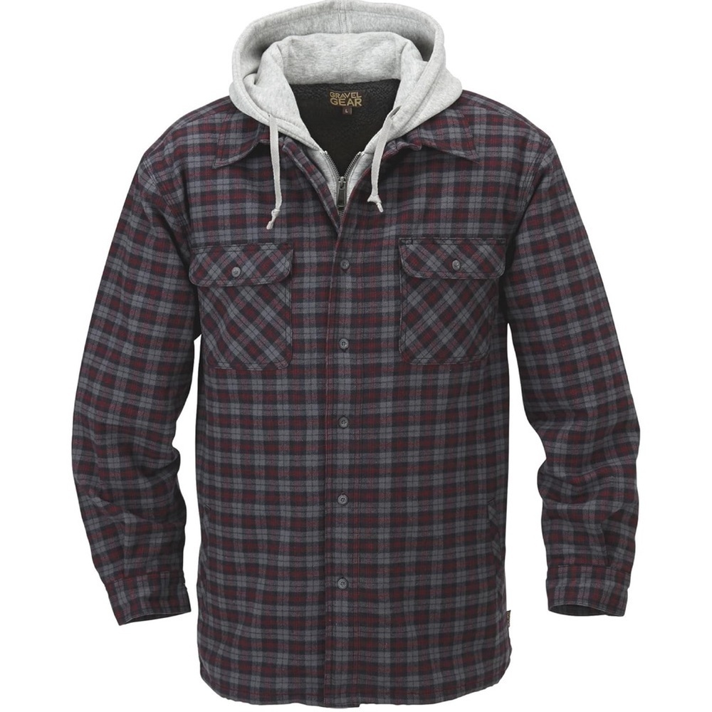Gravel Gear Men's Hooded Plaid Shirt Jacket - Burgundy And Gray